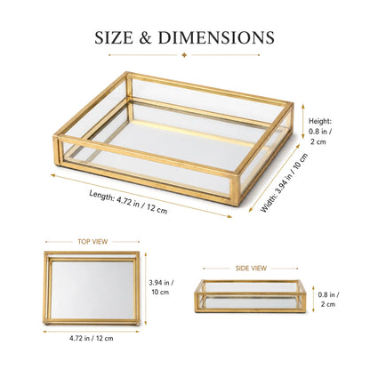 Gold Glass Vanity Organizer showing product dimensions for accurate size reference