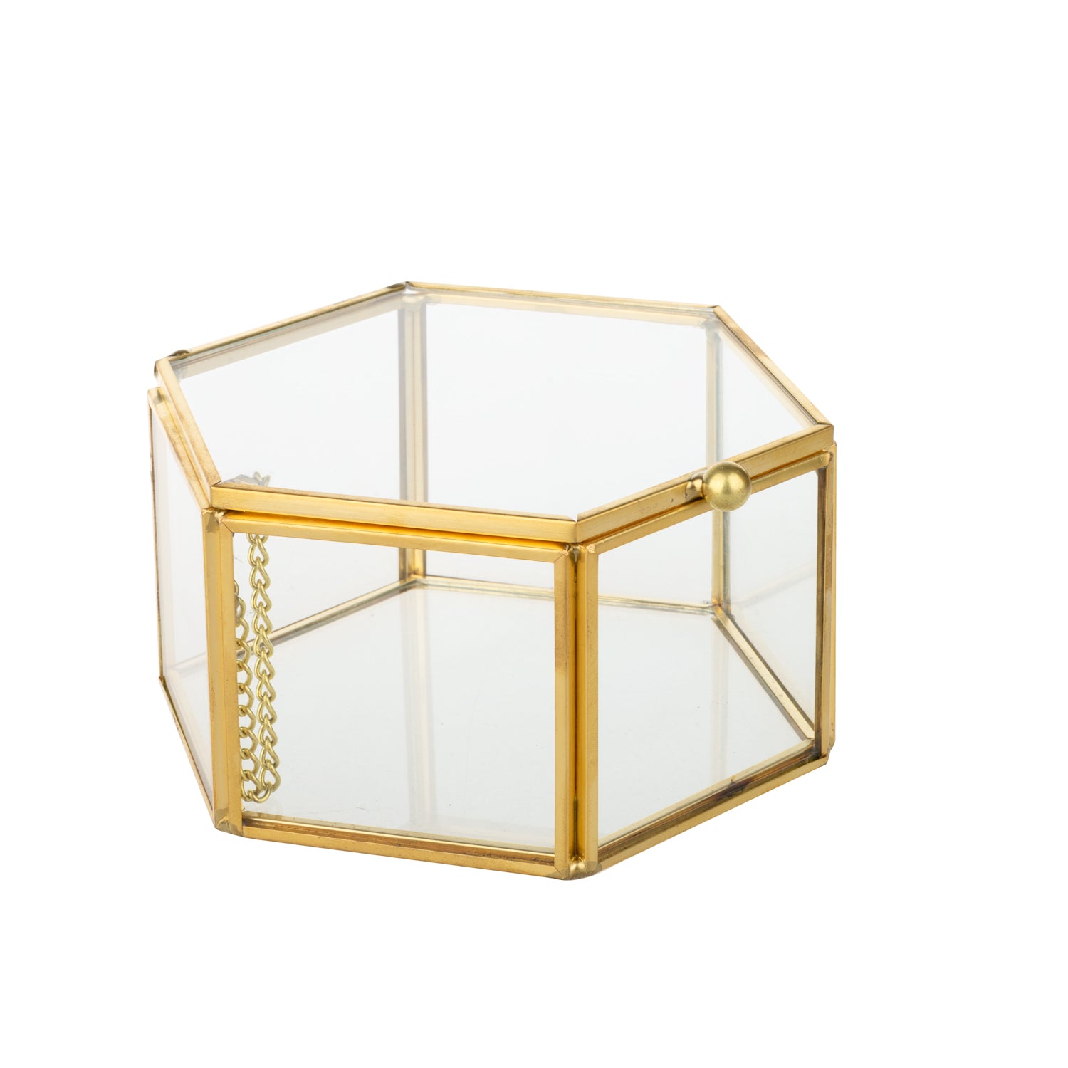 Feyarl Glass Jewelry Box with lid featuring a hexagon design, clear glass panels, and elegant gold frame