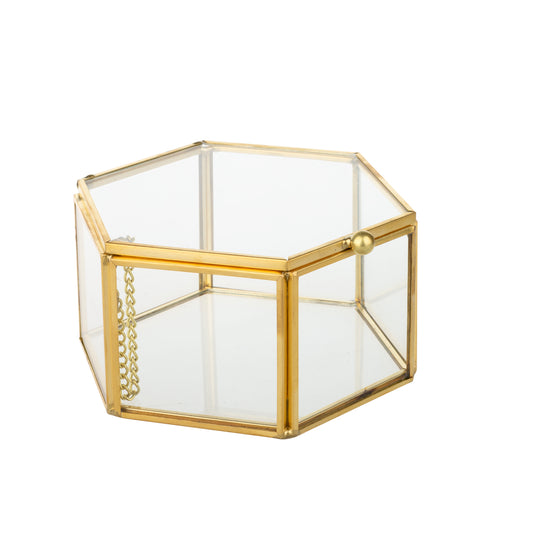 Feyarl Glass Jewelry Box with lid featuring a hexagon design, clear glass panels, and elegant gold frame