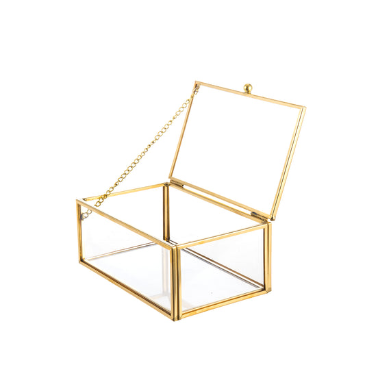Gold Glass Jewelry Box featuring a classic cuboid design with an elegant gold frame for decorative storage