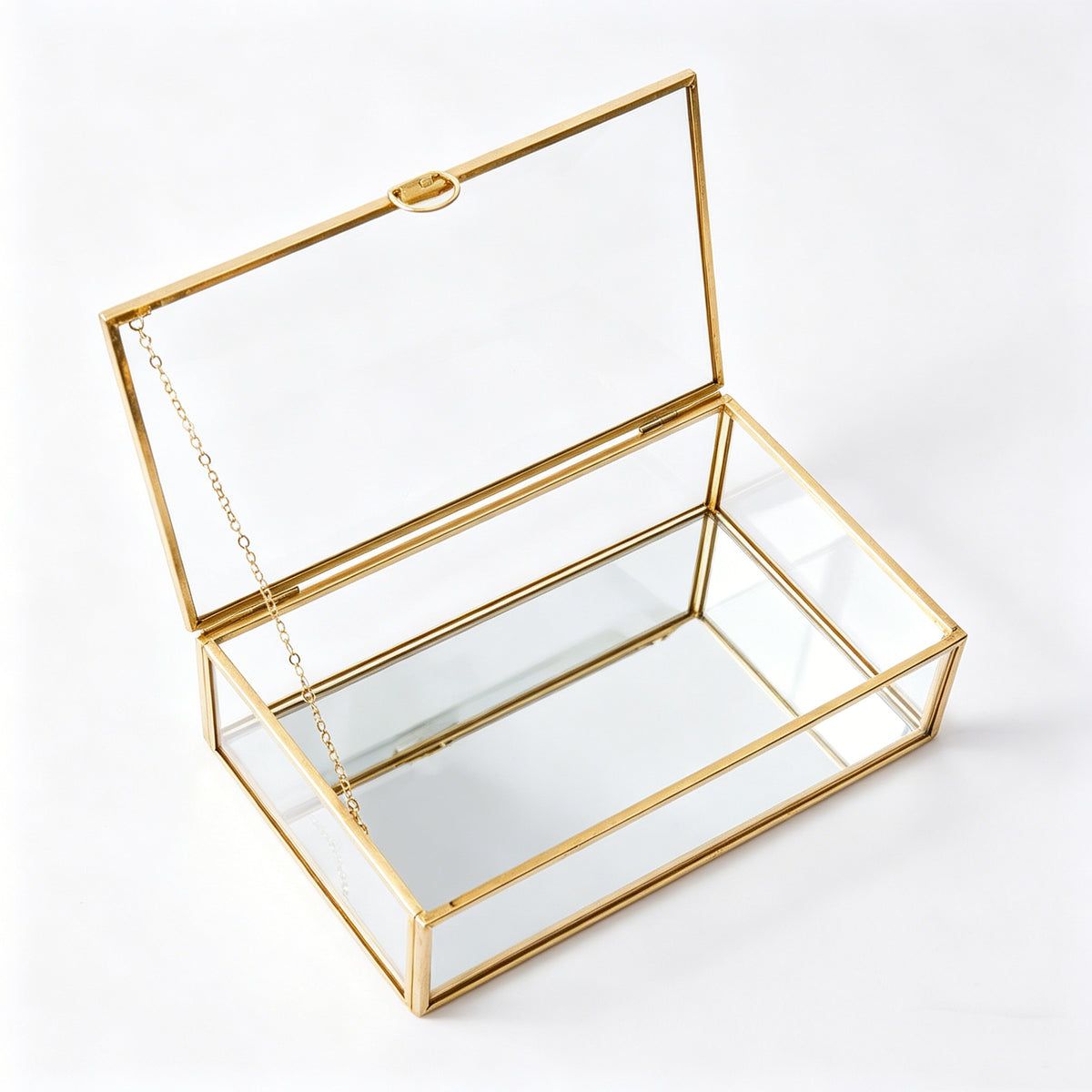 Feyarl Gold Glass Keepsake Box with Mirrored Bottom for Displaying Jewelry, Photos, and Small Treasures