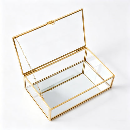 Feyarl Gold Glass Keepsake Box with Mirrored Bottom for Displaying Jewelry, Photos, and Small Treasures