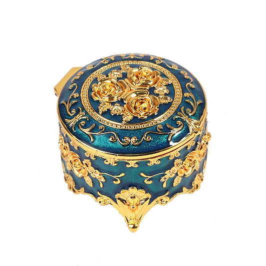 Compact Vintage Jewelry Box showcasing a round engraved exterior design with classic antique charm