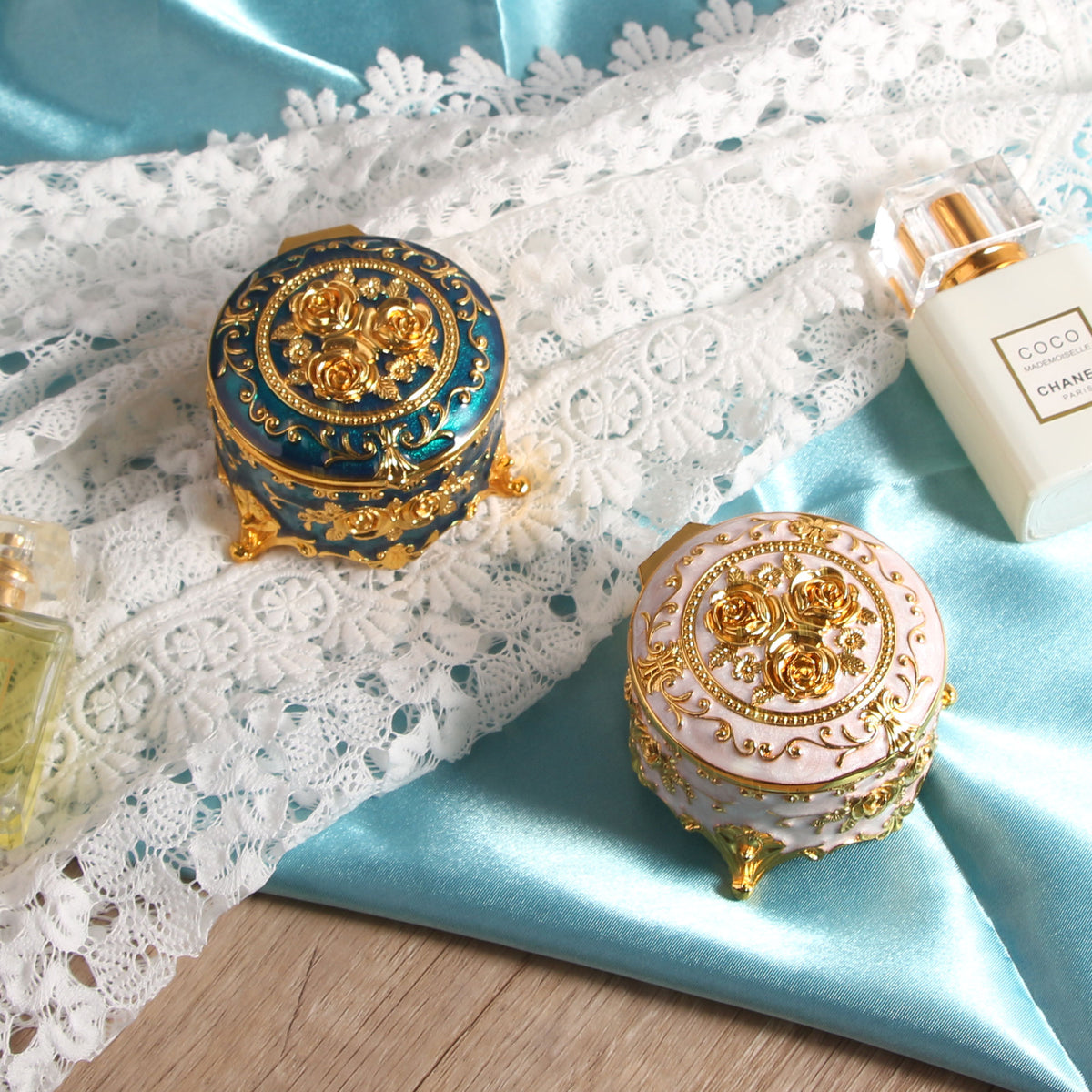 Elegant Vintage Jewelry Box set featuring blue and soft pink designs displayed together in a top view arrangement