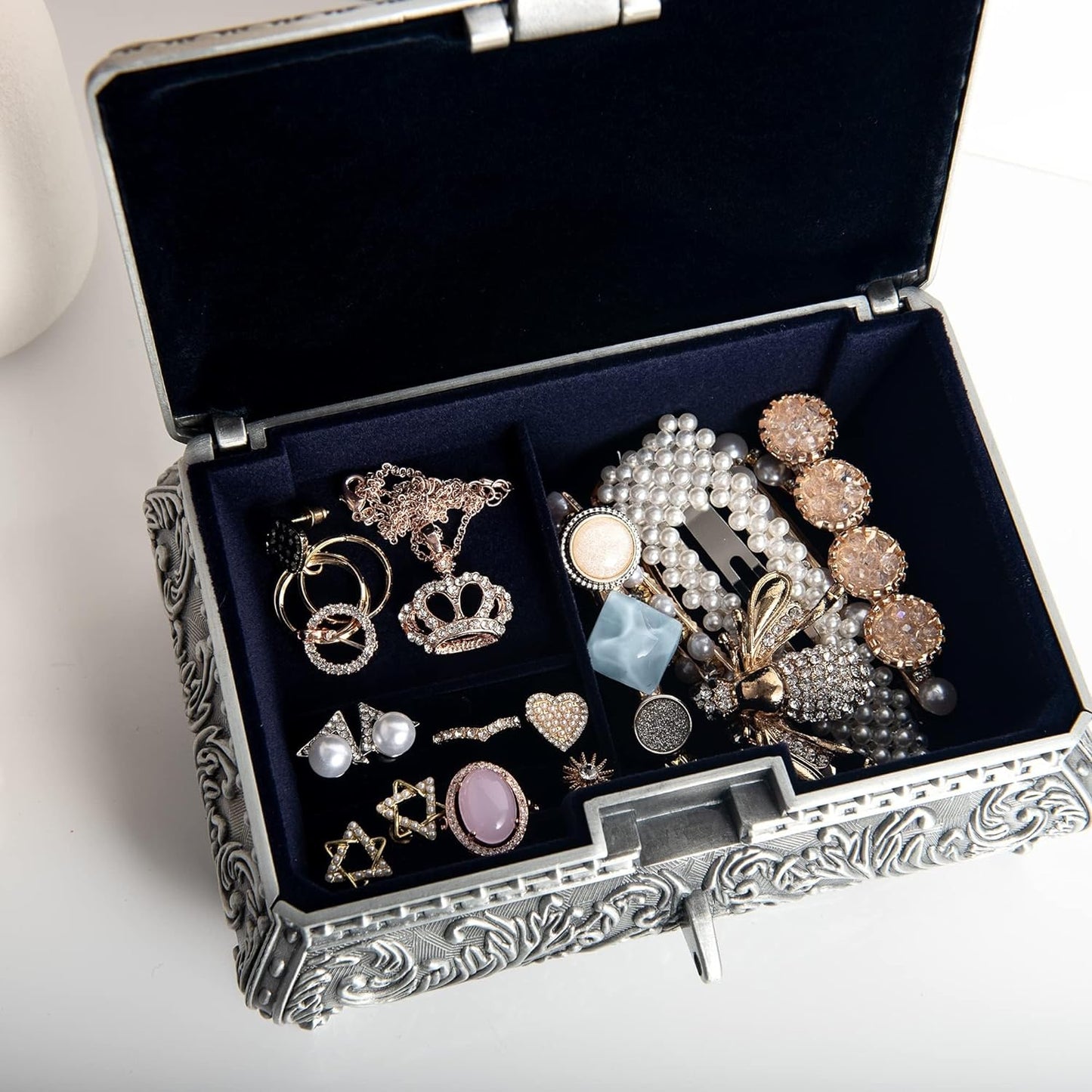 Feyarl Vintage Jewelry Box Opened to Display Rings, Earrings, and Small Accessories Inside 