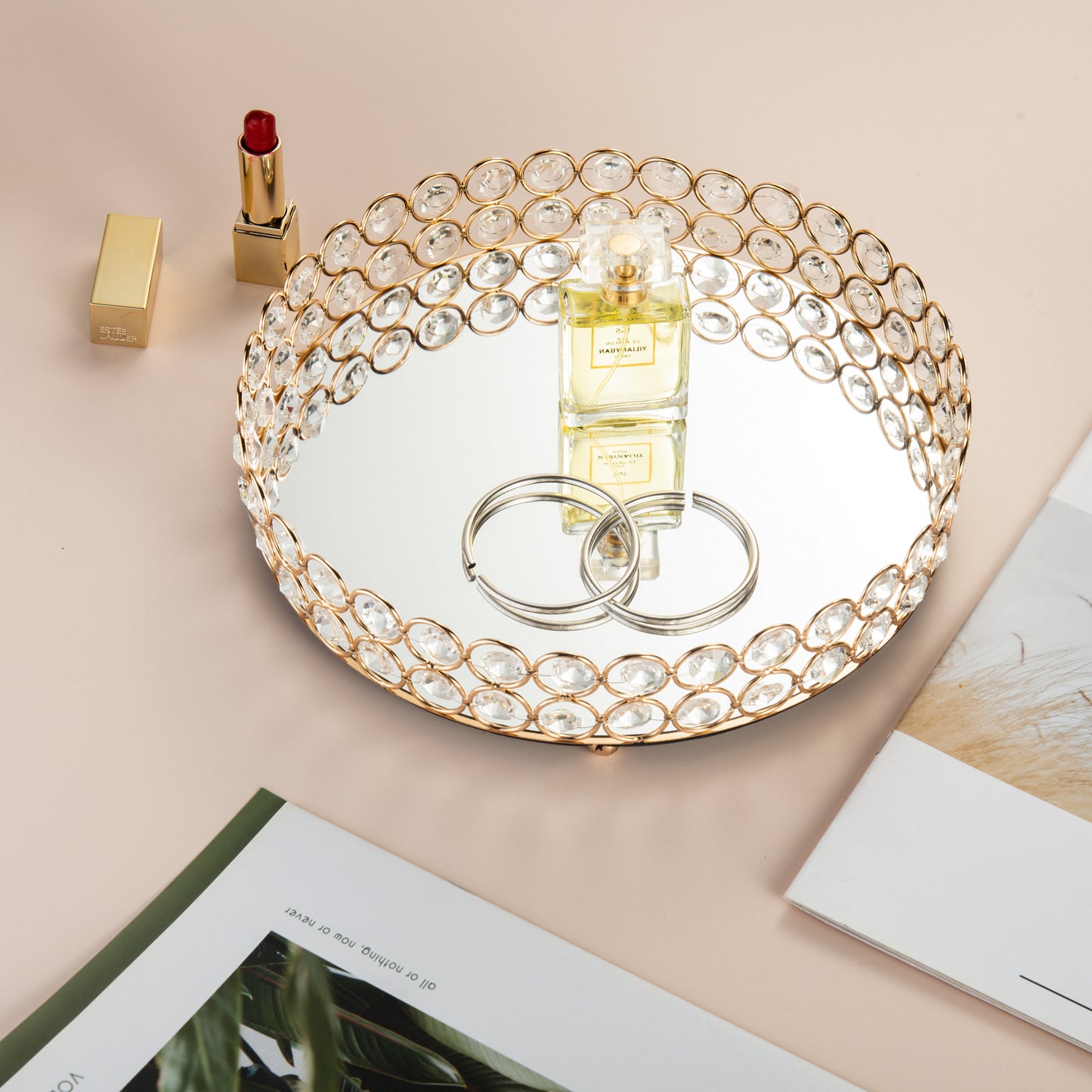 Elegant Crystal Makeup Organizer Tray displaying perfume and jewelry, combining style and storage