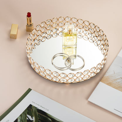 Elegant Crystal Makeup Organizer Tray displaying perfume and jewelry, combining style and storage