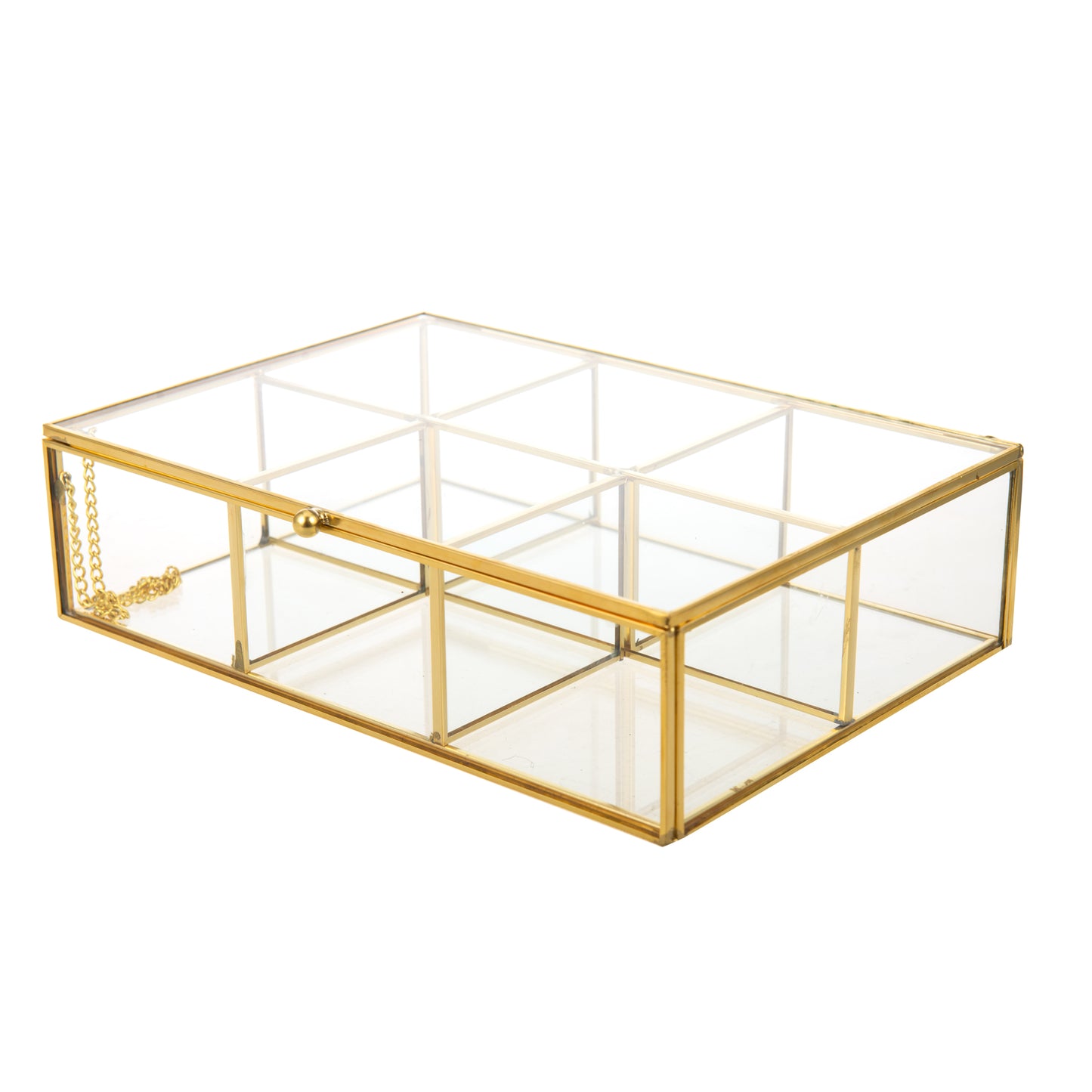 Gold Glass Jewelry Trinket Box featuring a sleek closed design with six built-in compartments for neat organization