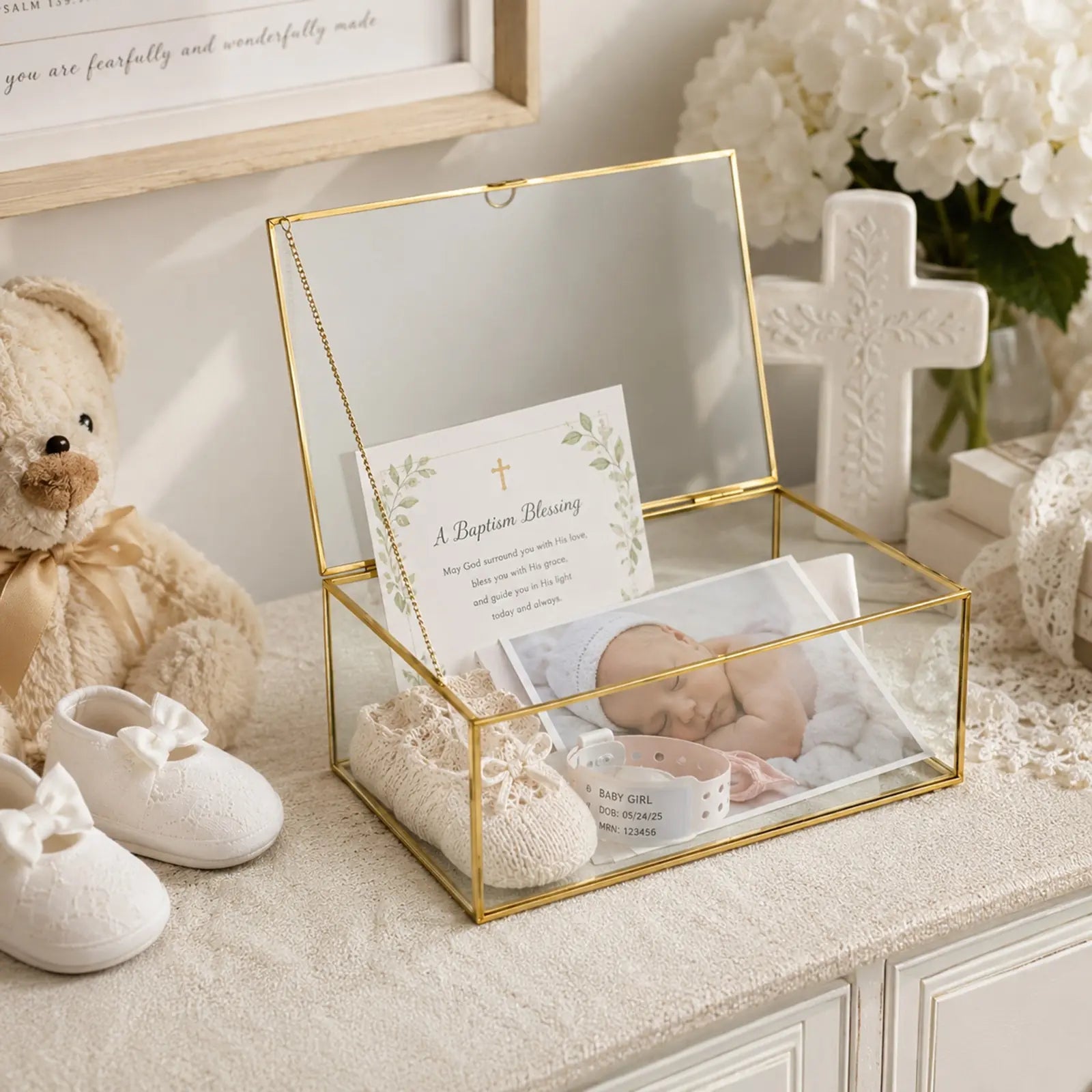 Glass Keepsake Box displaying baby photos for a sentimental home display