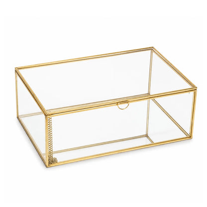 Feyarl Gold Glass Keepsake Box with clear panels and gold frame for displaying wedding cards, photos, jewelry, and treasured items
