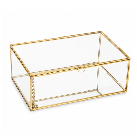 Feyarl Gold Glass Keepsake Box with clear panels and gold frame for displaying wedding cards, photos, jewelry, and treasured items