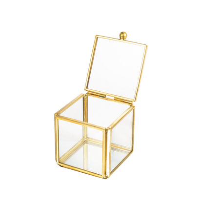 Mini Gold Glass Keepsake Box with open lid showcasing its clear glass design and elegant gold metal frame