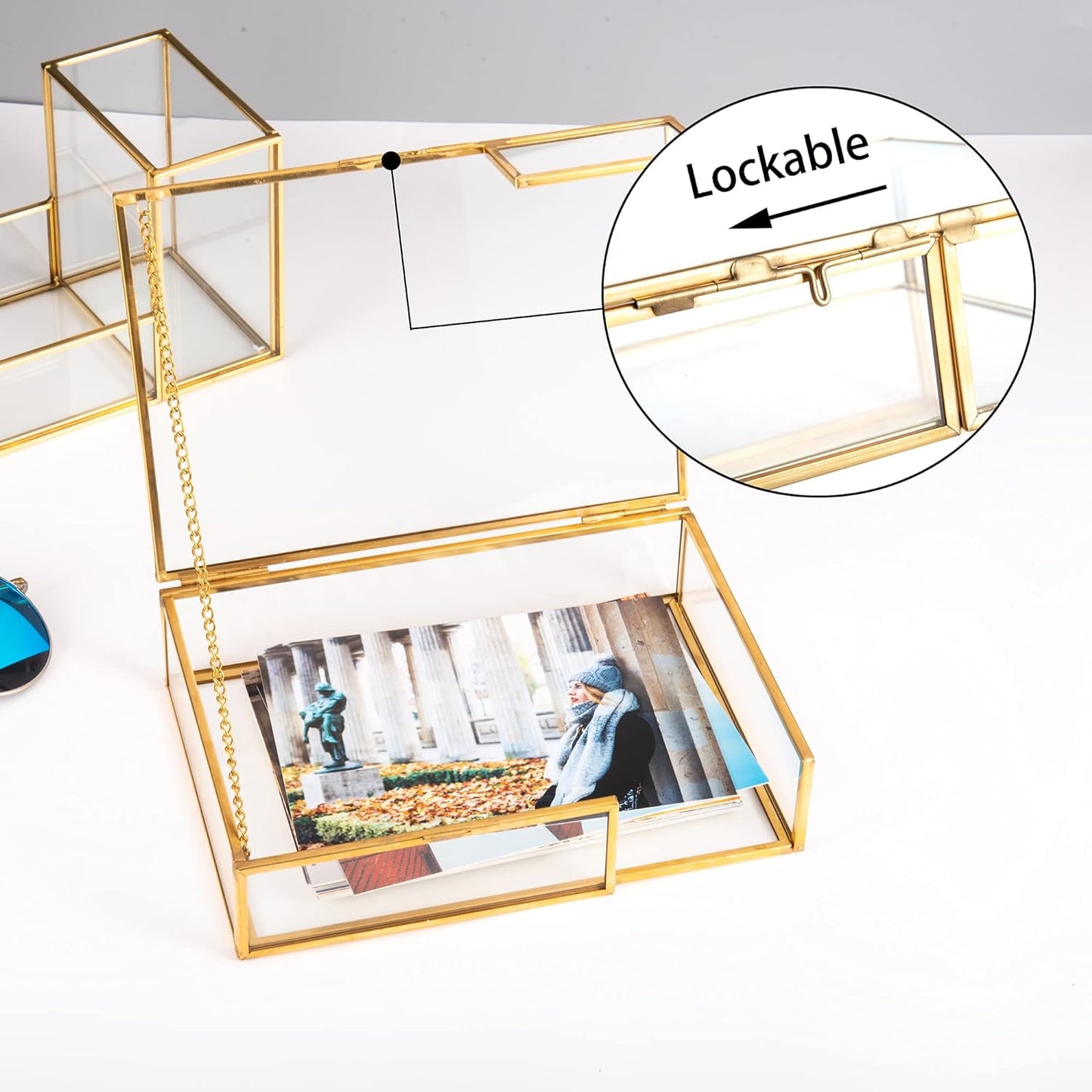 Glass Keepsake Box detail showing the closed lid design with a sliding latch for secure storage