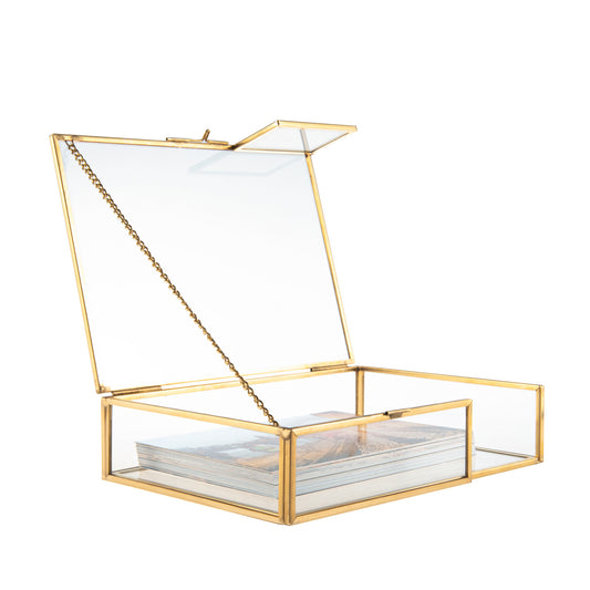 Feyarl Gold Glass Keepsake Box with elegant gold edges and clear glass design for organizing photos, letters, and small treasures