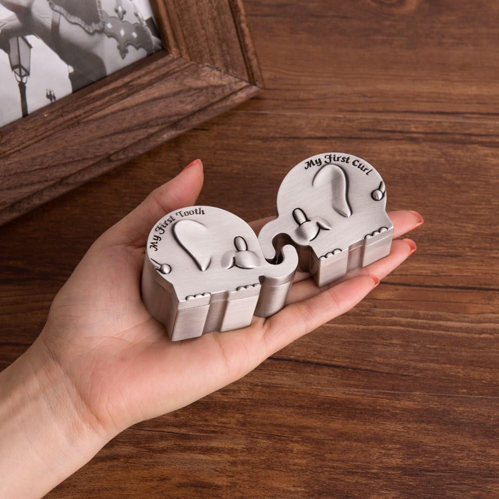 Feyarl Silver Elephant Keepsake Box Displayed in Hands with a Vintage Design for Cherished Baby Keepsakes