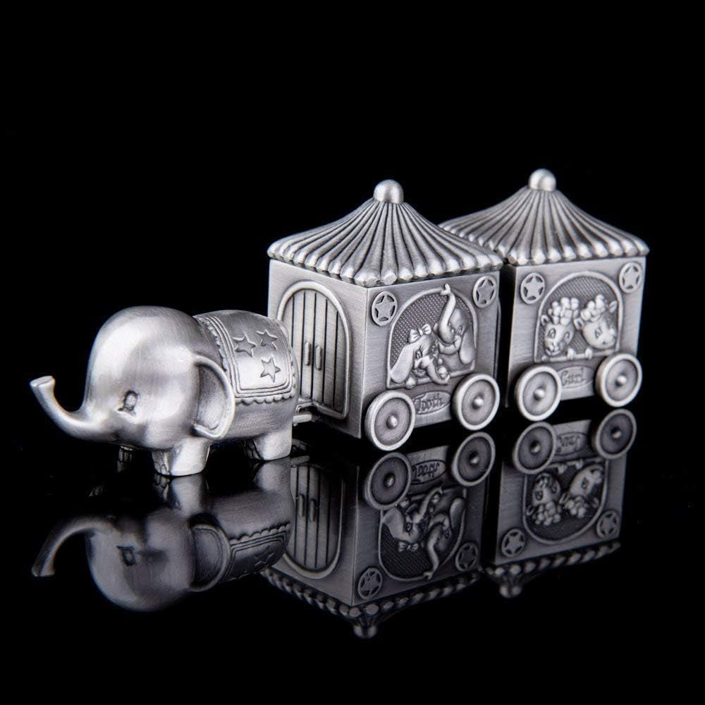 Feyarl Silver Elephant Keepsake Box Set Displayed Against a Black Background with Vintage Floral Details