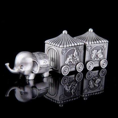 Feyarl Silver Elephant Keepsake Box Set Displayed Against a Black Background with Vintage Floral Details