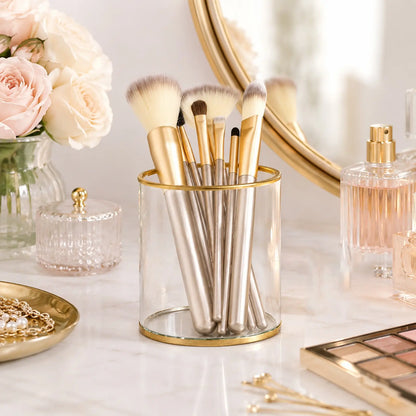Storage Container elegantly displays makeup brushes on a vanity table, adding a refined touch to the space