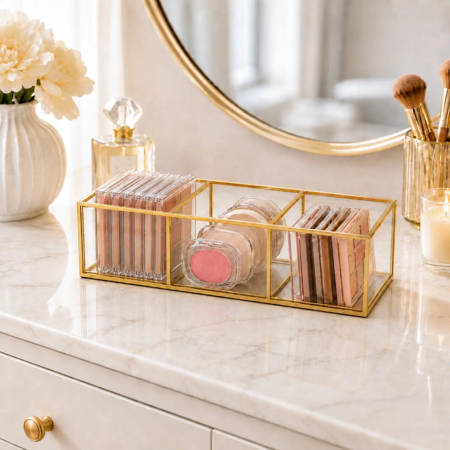 Gold Glass Makeup Organizer Box holding cosmetics on a vanity table with elegant display