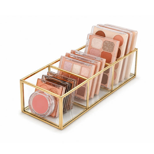 Feyarl Gold Glass Makeup Organizer Box with 3 compartments for organizing cosmetics, accessories, and daily essentials