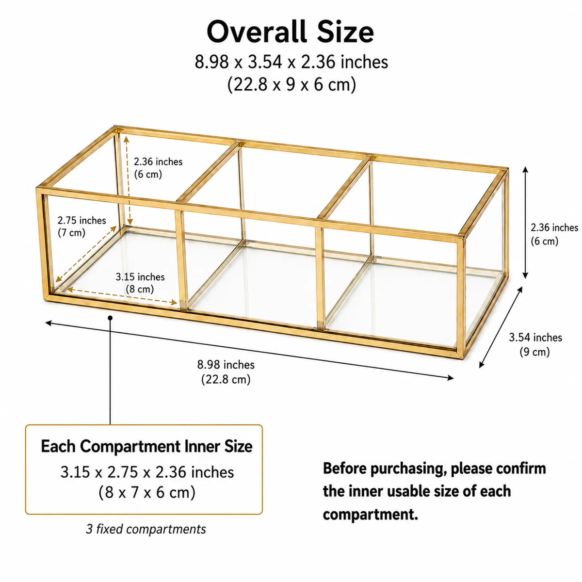 Feyarl Glass Makeup Organizer Box with size details for accurate reference