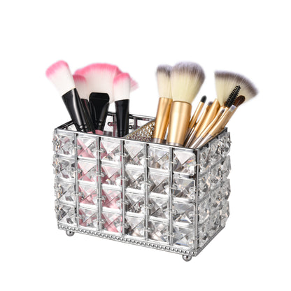 Silver Crystal Makeup Brush Holder featuring a sparkling square crystal design for elegant organization and display