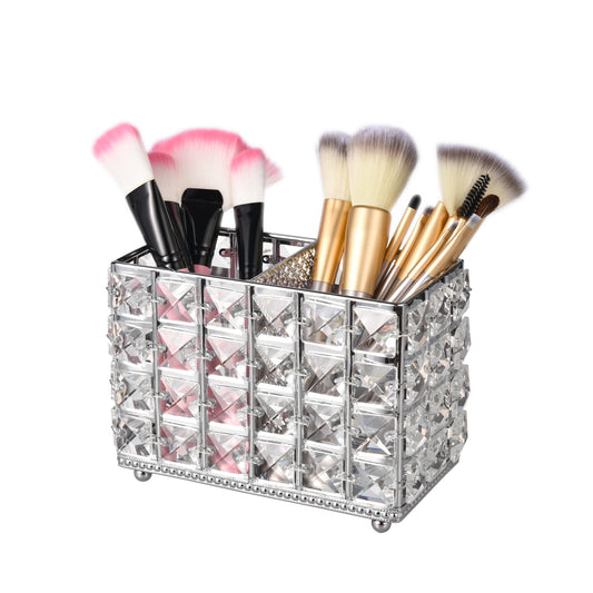 Silver Crystal Makeup Brush Holder featuring a sparkling square crystal design for elegant organization and display