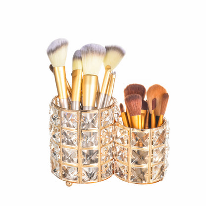 Gold Crystal Makeup Brush Holder displaying makeup brushes in different sizes with an elegant organized design