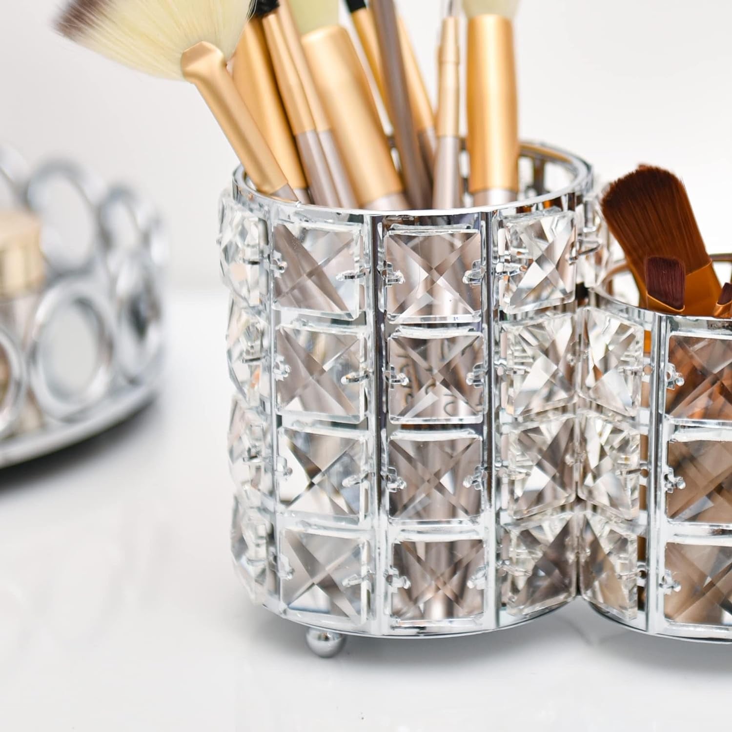 Silver Crystal Makeup Brush Holder showing close-up crystal weaving details and refined craftsmanship