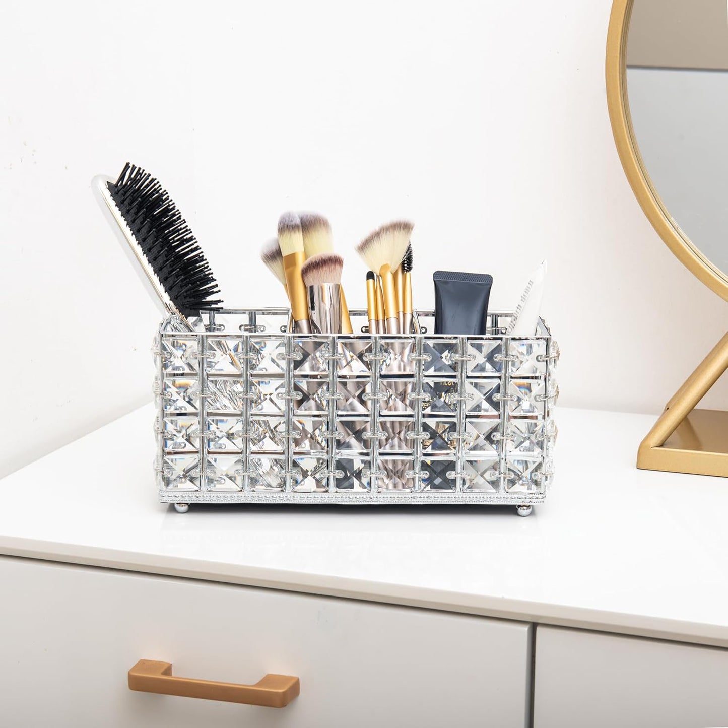 Crystal Makeup Brush Holder organizing makeup brushes on a vanity table for a neat beauty space
