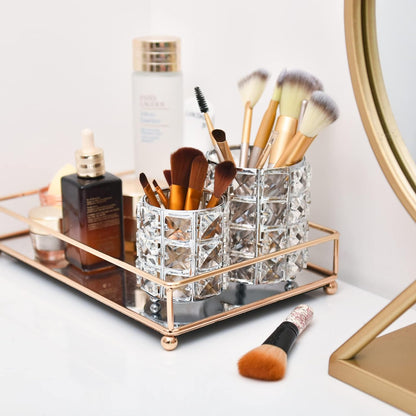 Makeup Brush Holder storing makeup brushes with stackable organization for an efficient vanity setup