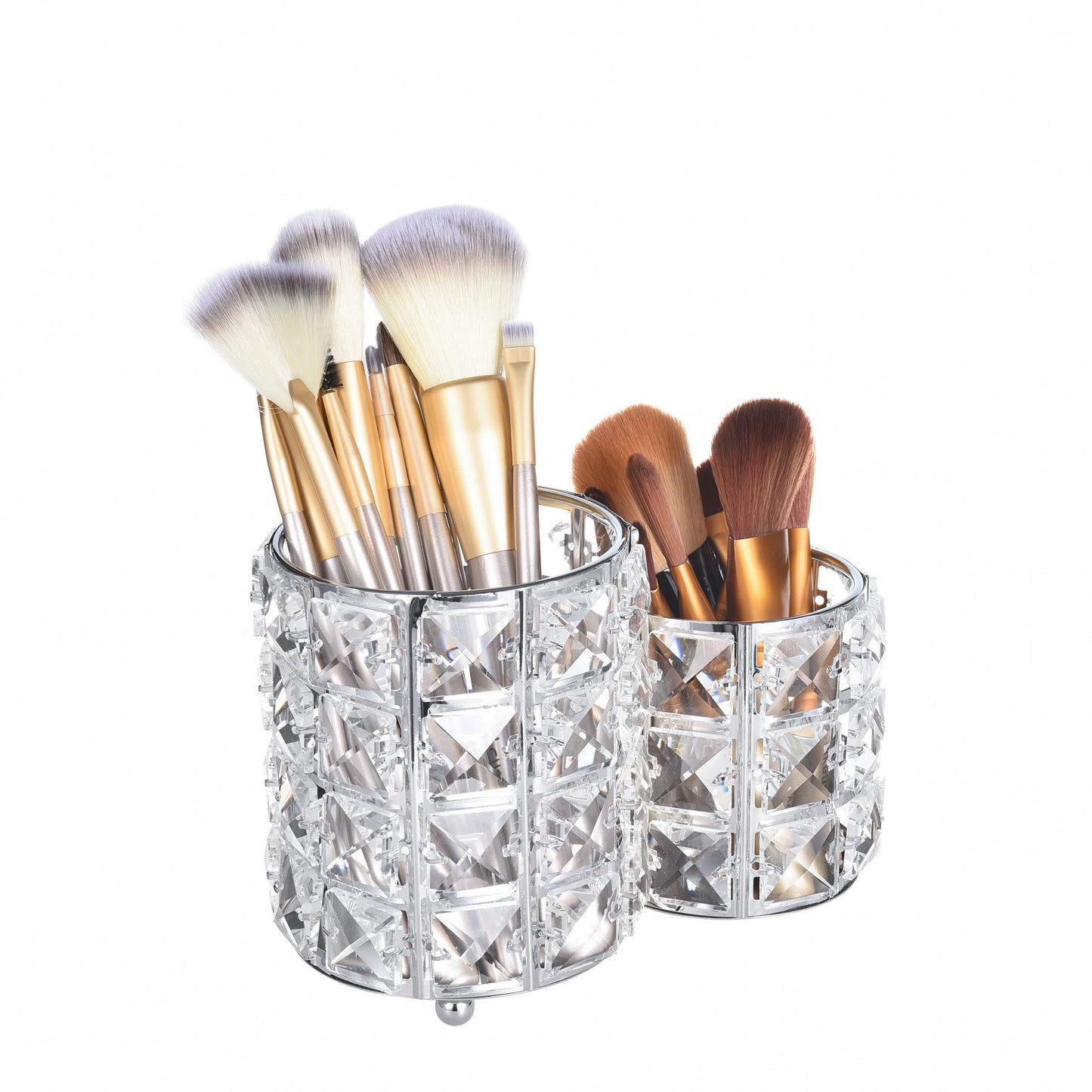 Feyarl Silver Crystal Makeup Brush Holder featuring a handmade crystal design for elegant vanity and office organization