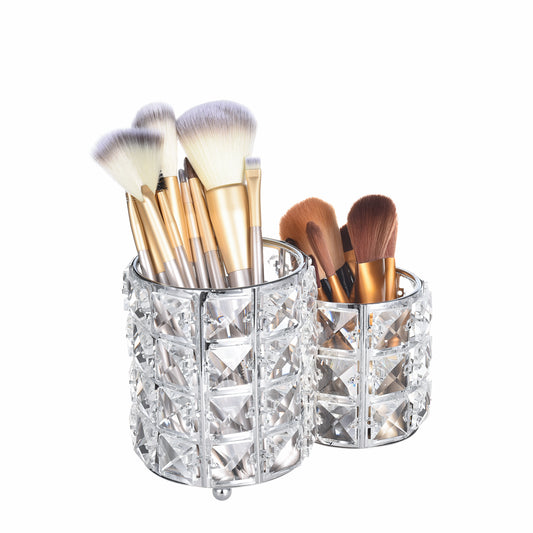 Feyarl Silver Crystal Makeup Brush Holder featuring a handmade crystal design for elegant vanity and office organization