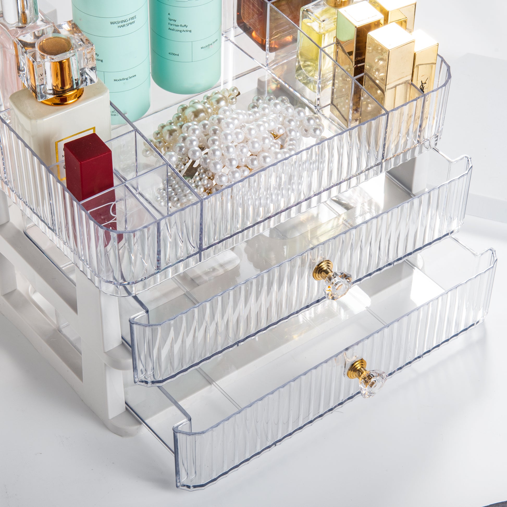 Makeup Organizer Featuring Open Drawers with Organized Storage Compartments for Daily Beauty Items