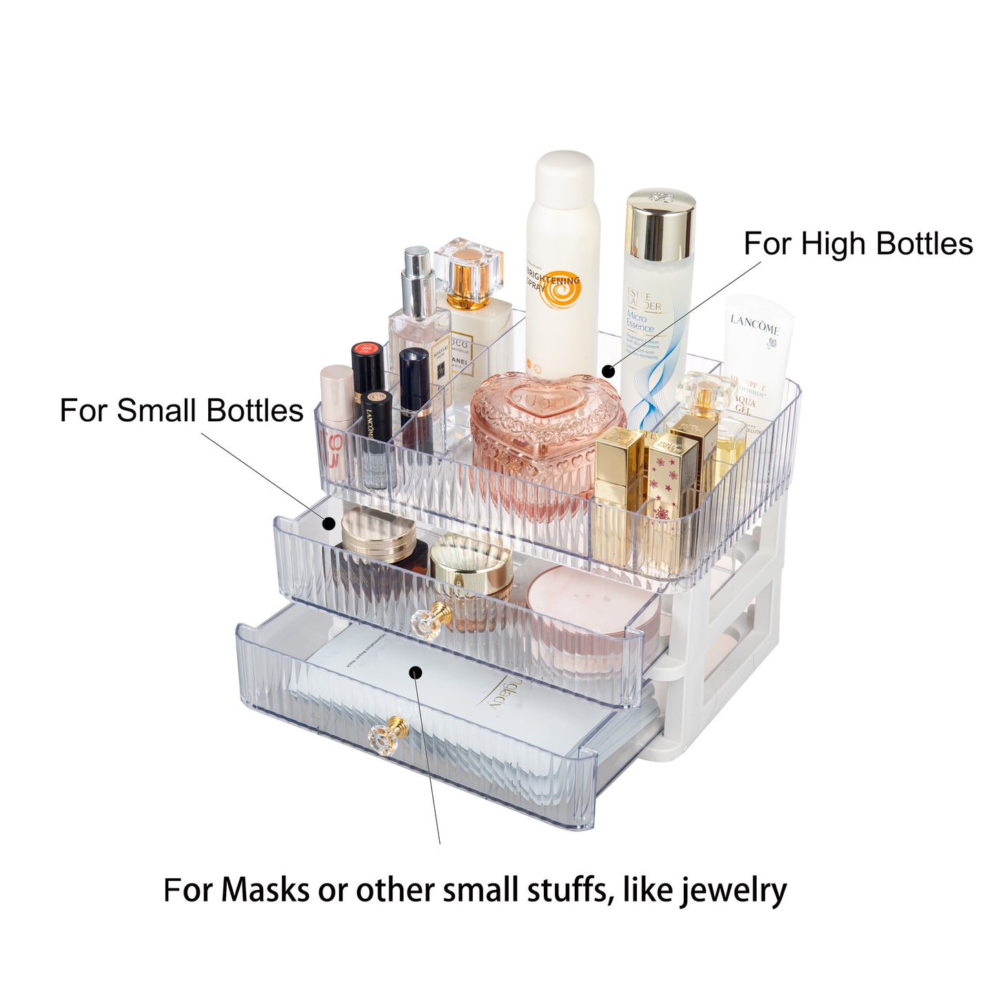 Makeup Organizer Featuring Labeled Compartments for Organizing Different Beauty Products and Daily Essentials