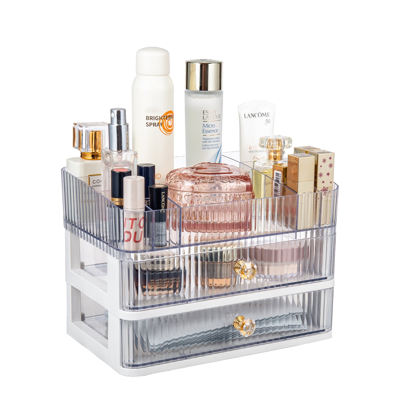 Feyarl Clear Makeup Organizer Featuring Spacious Drawer Storage and Top Compartments for Beauty Essentials