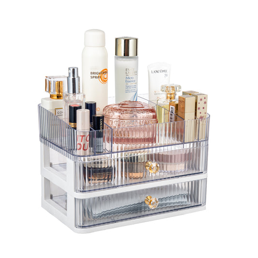 Feyarl Clear Makeup Organizer Featuring Spacious Drawer Storage and Top Compartments for Beauty Essentials