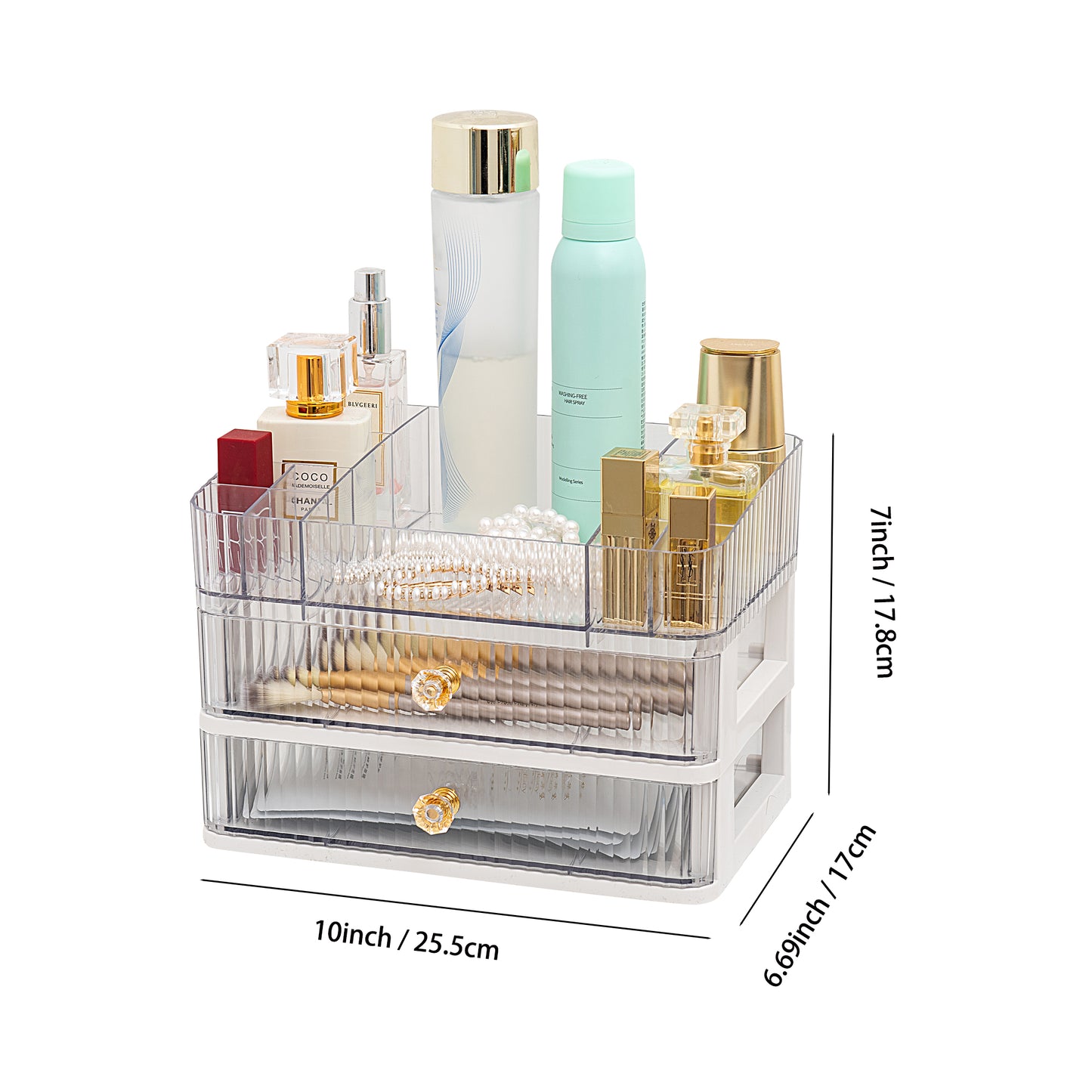 Feyarl White Makeup Organizer Size Diagram Showing 10 x 6.69 x 7 Inch Dimensions for Vanity and Cosmetic Storage