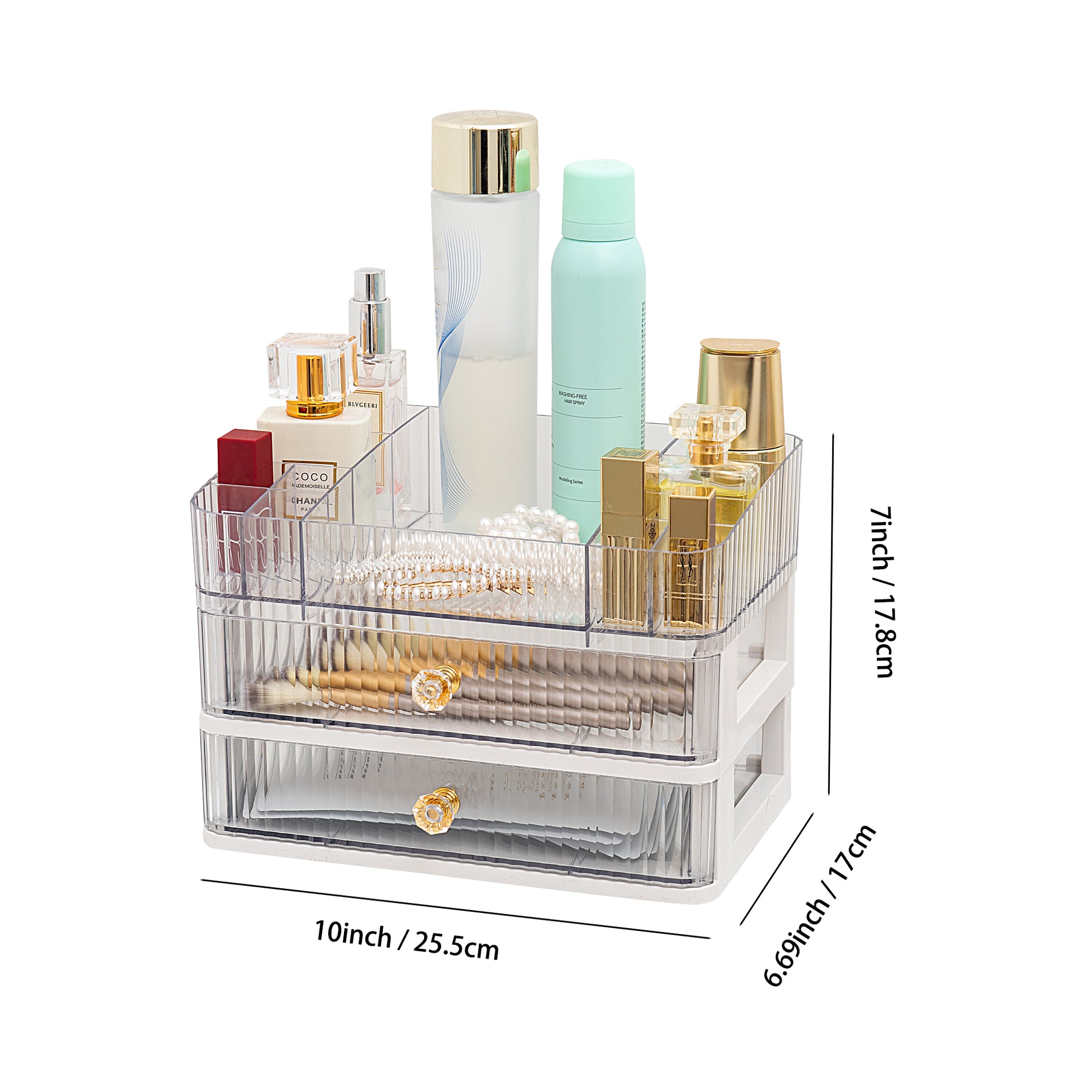 Feyarl White Makeup Organizer Size Diagram Showing 10 x 6.69 x 7 Inch Dimensions for Vanity and Cosmetic Storage