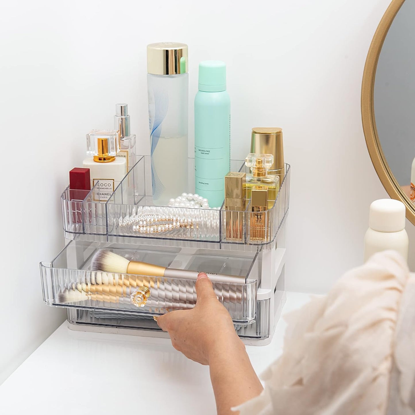 Feyarl White Makeup Organizer Used Near a Vanity Table to Keep Beauty Products Neatly Organized