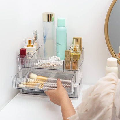 Feyarl White Makeup Organizer Used Near a Vanity Table to Keep Beauty Products Neatly Organized
