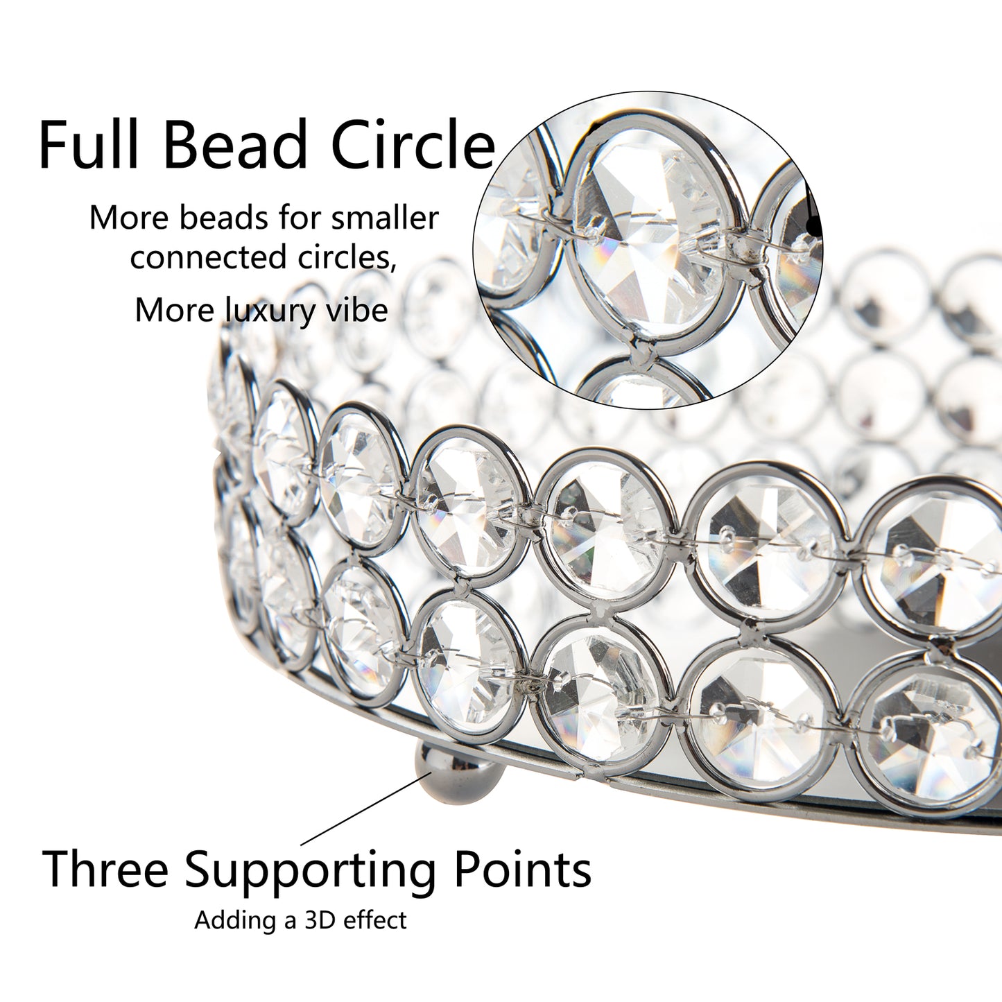 Artistic Crystal Makeup Organizer Tray close-up highlighting handcrafted bead rings and elevated ball feet for a unique decorative look