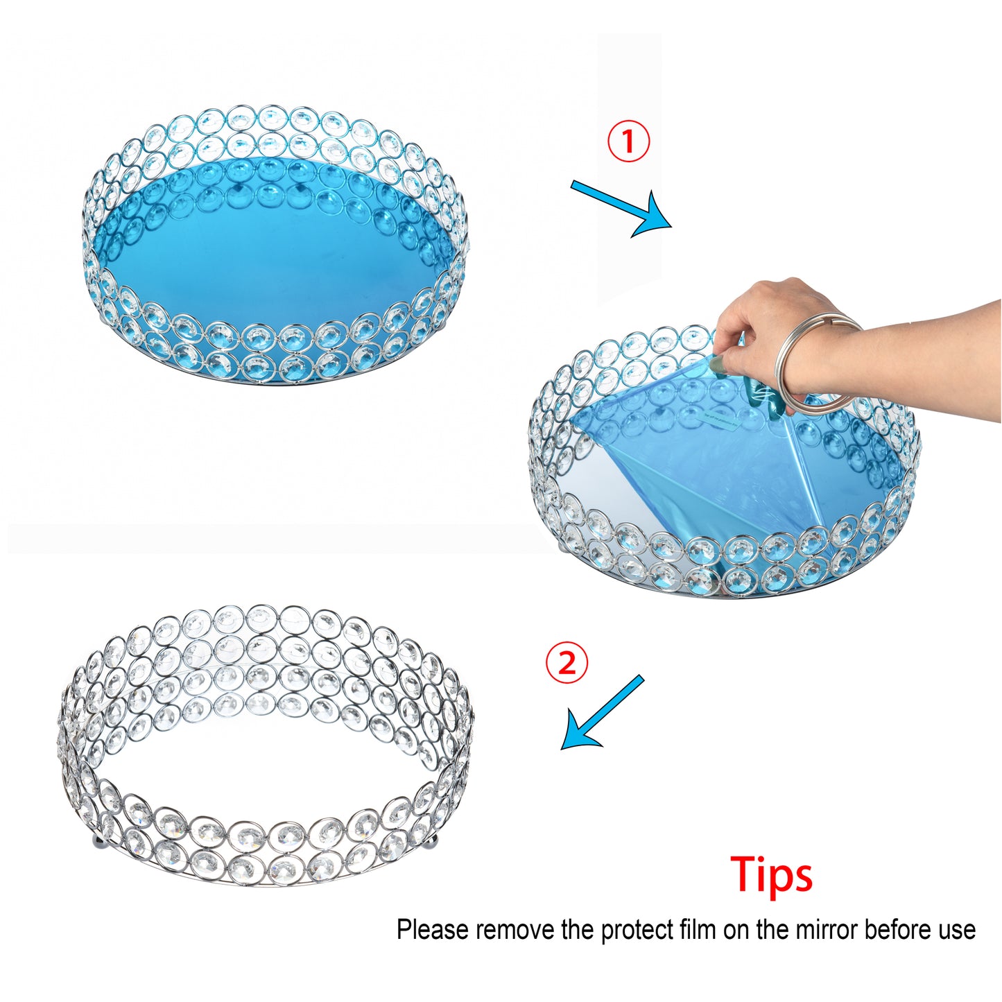 Crystal Makeup Organizer Tray with removable protective glass film revealing a glossy mirrored finish