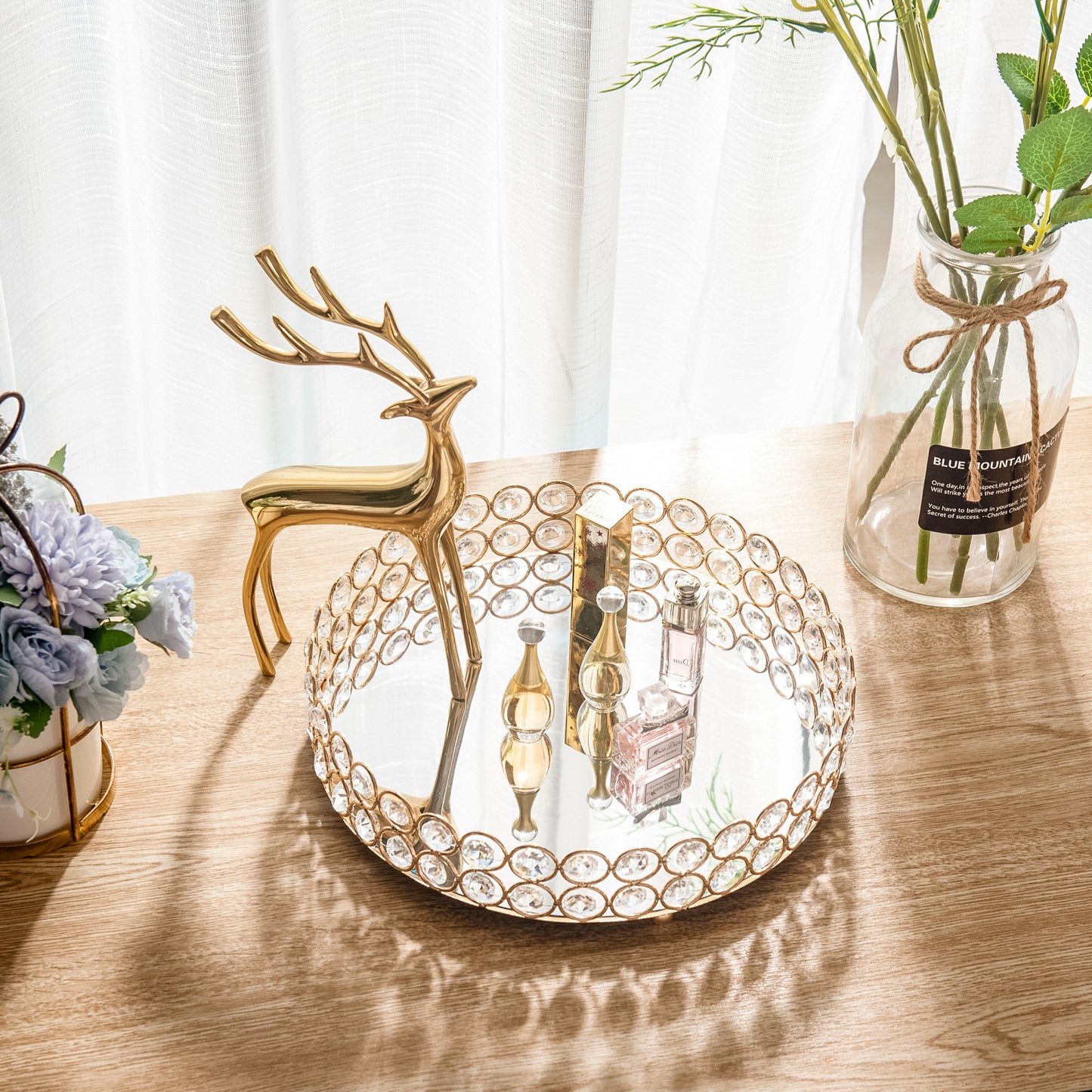 Elegant Crystal Makeup Organizer Tray organizing essentials indoors, adding sophistication to home decor
