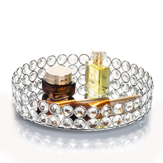 Feyarl Luxury Crystal Makeup Organizer Tray featuring sparkling layered crystal beads to enhance vanity and home decor spaces
