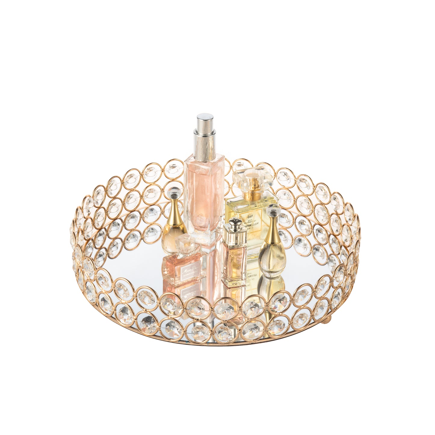 Crystal Makeup Organizer Tray displaying various perfume bottles, showcasing an elegant design for stylish beauty storage