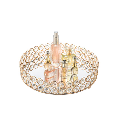 Crystal Makeup Organizer Tray displaying various perfume bottles, showcasing an elegant design for stylish beauty storage
