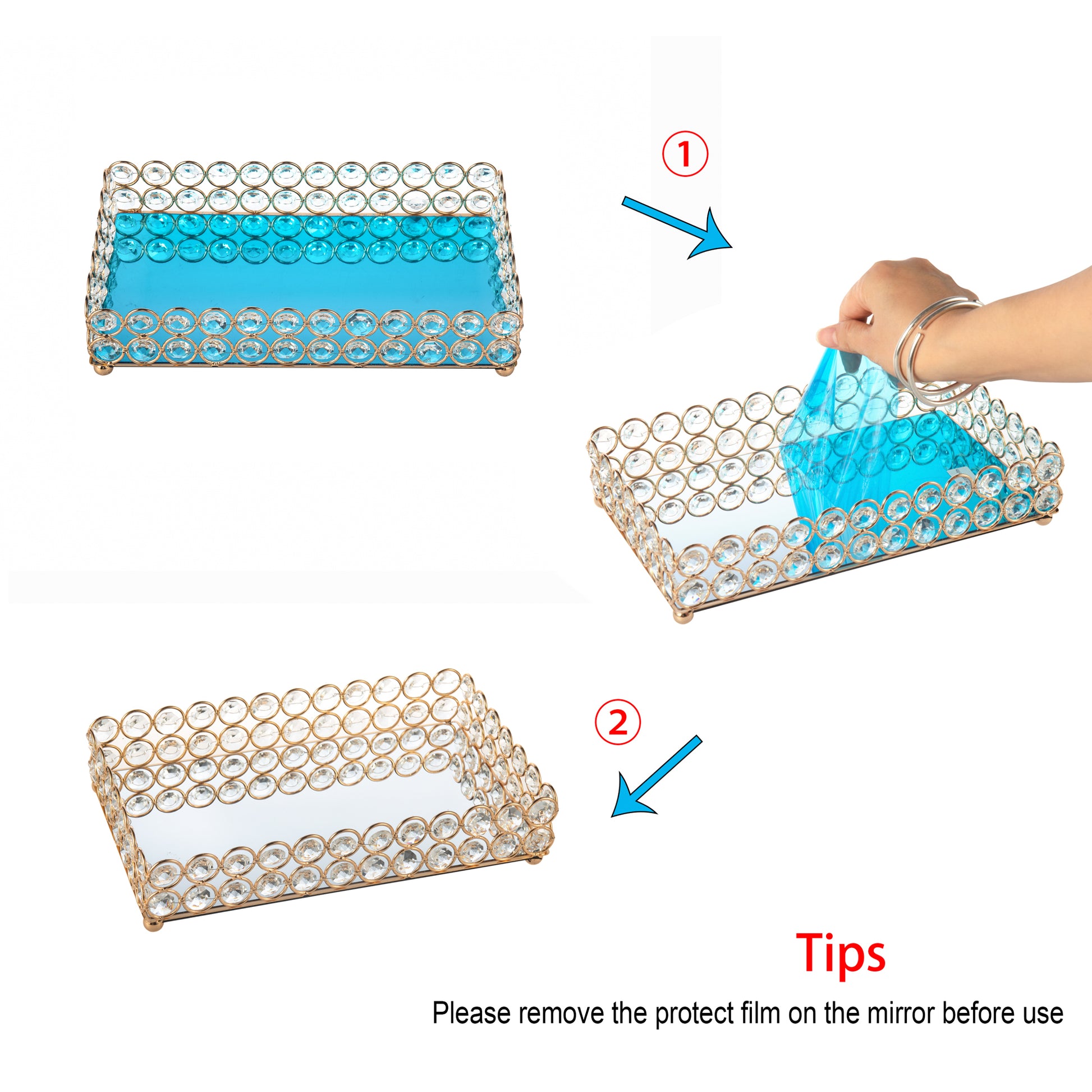 Protective Film Crystal Makeup Organizer Tray showing removable film on the mirrored surface before use