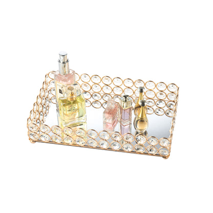 Crystal Makeup Organizer Tray displaying perfume bottles, creating a fashionable and elegant vanity arrangement