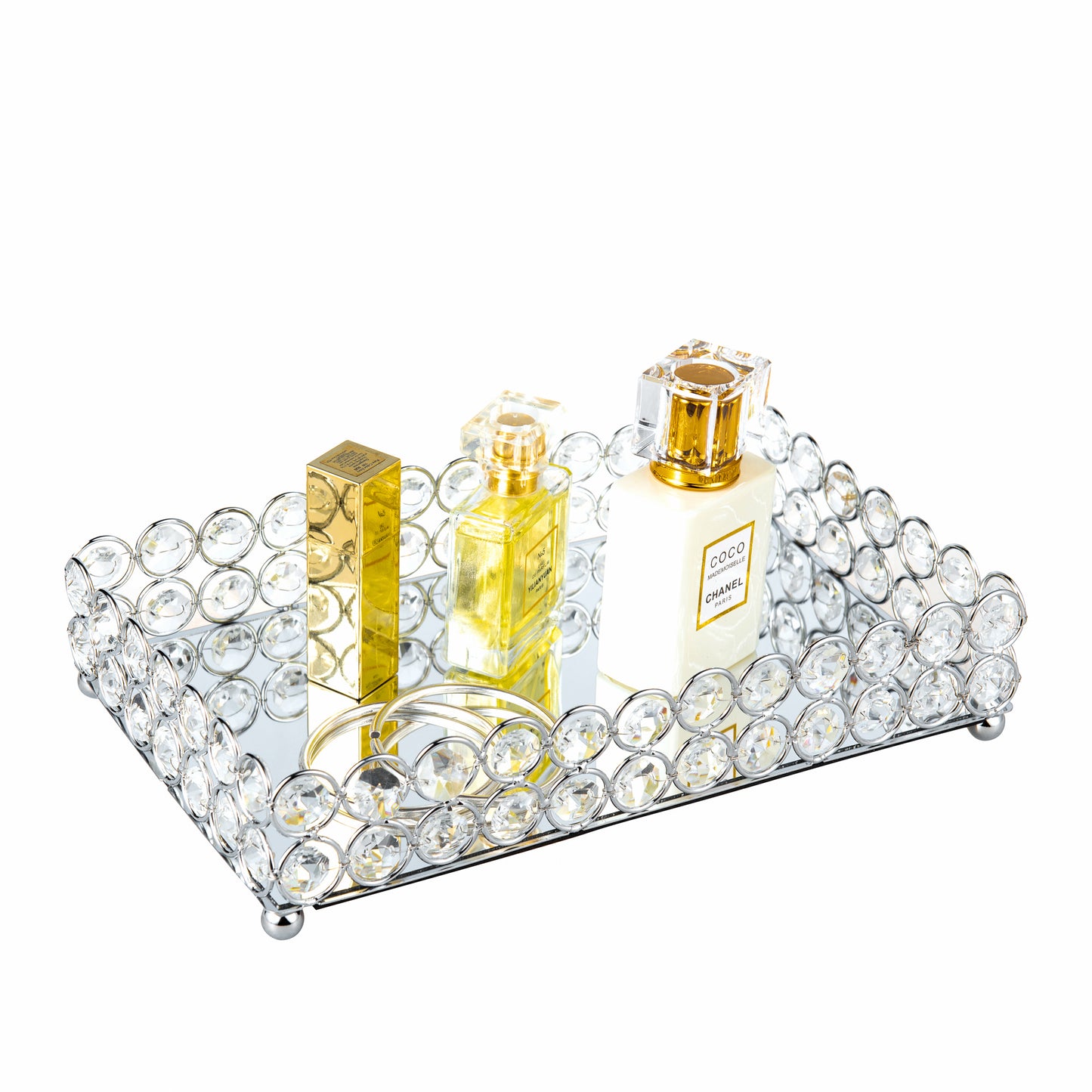 Feyarl Crystal Makeup Organizer Tray with mirrored surface and crystal bead design for elegant cosmetic and jewelry display